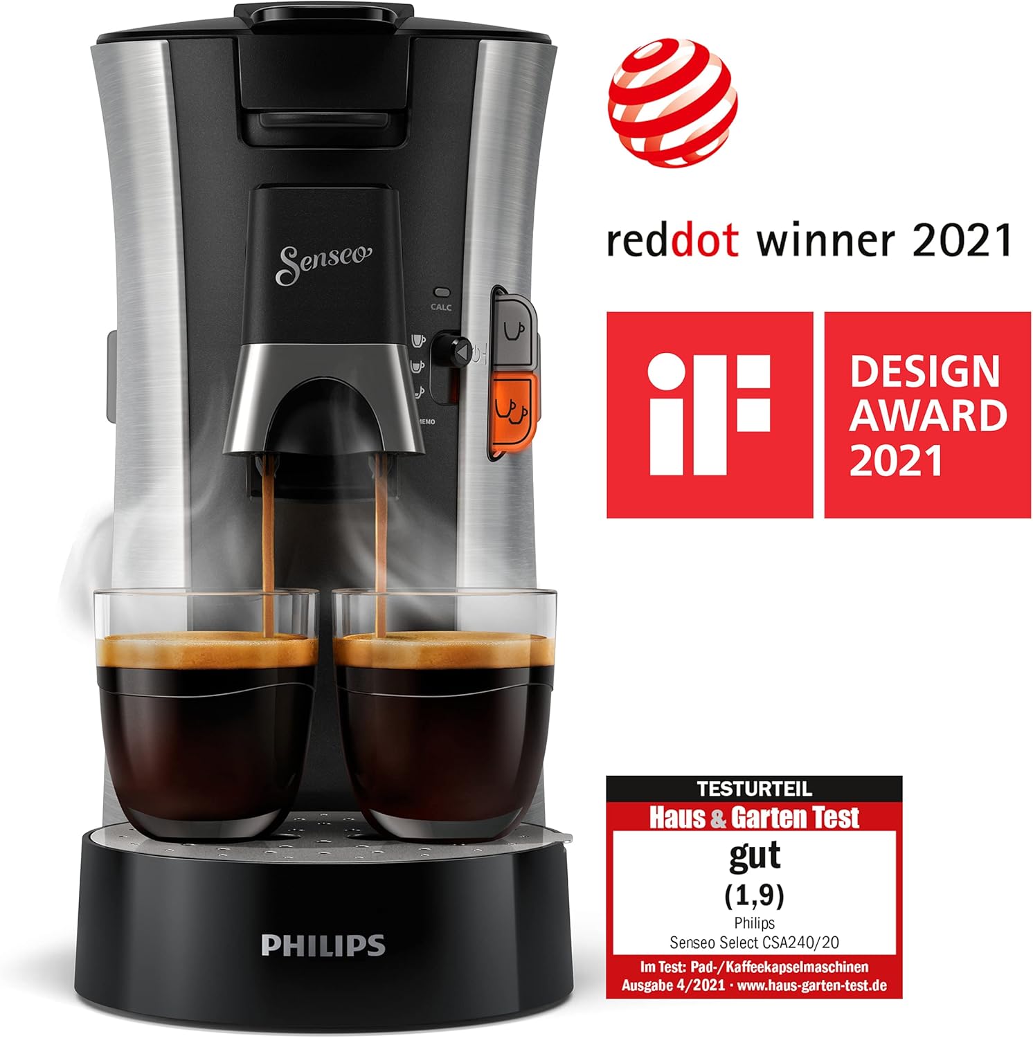 Philips Senseo Select CSA250/10 Kaffeepadmaschine - Kaffeestärkewahl Plus, Memo-Funktion, aus recyceltem Plastik, gebürsteter Stahl & CA6500/60 Senseo Milk Twister Milchaufschäumer, schwarz