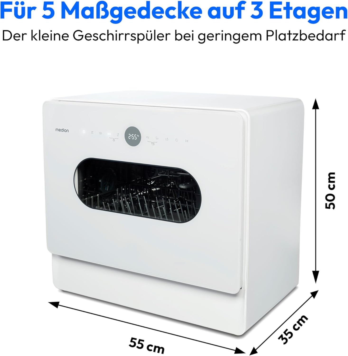 MEDION Mini Geschirrspüler DWT51 (Tischgeschirrspüler mit Touch-Bedienfeld, Eimer-Funktion, 5 Maßgedecke, funktioniert mit/ohne Wasseranschluss, 7 Reinigungsprogramme, Startzeitvorwahl, MD 37766) weiß