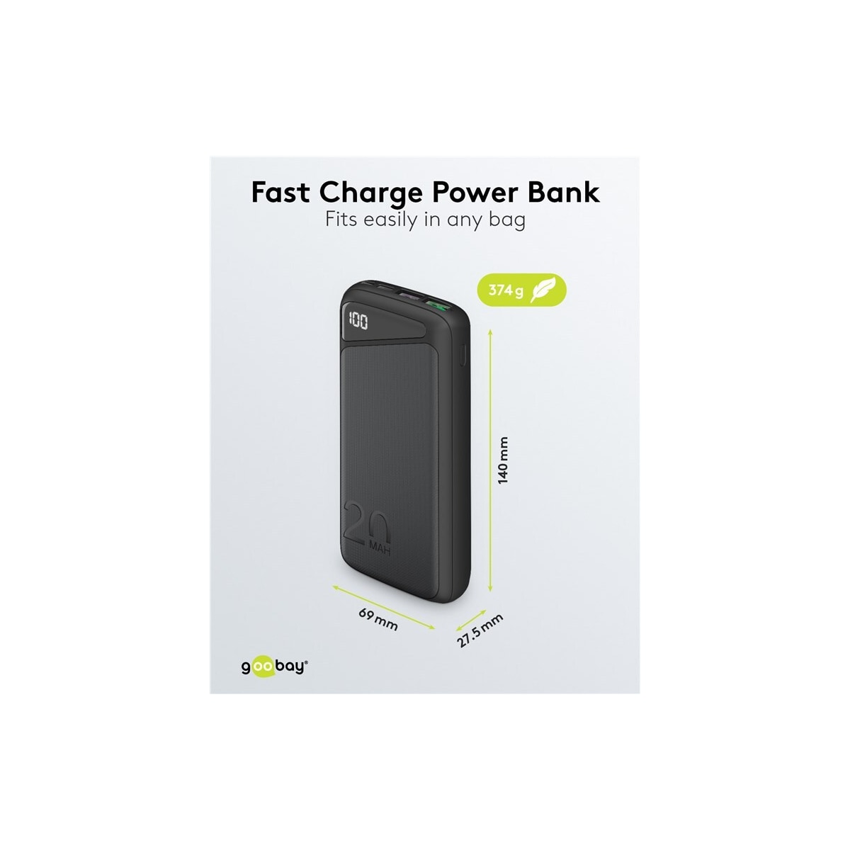 Goobay Hurtigladende Powerbank 20 000 mAh (USB-C™ PD, QC 3.0)