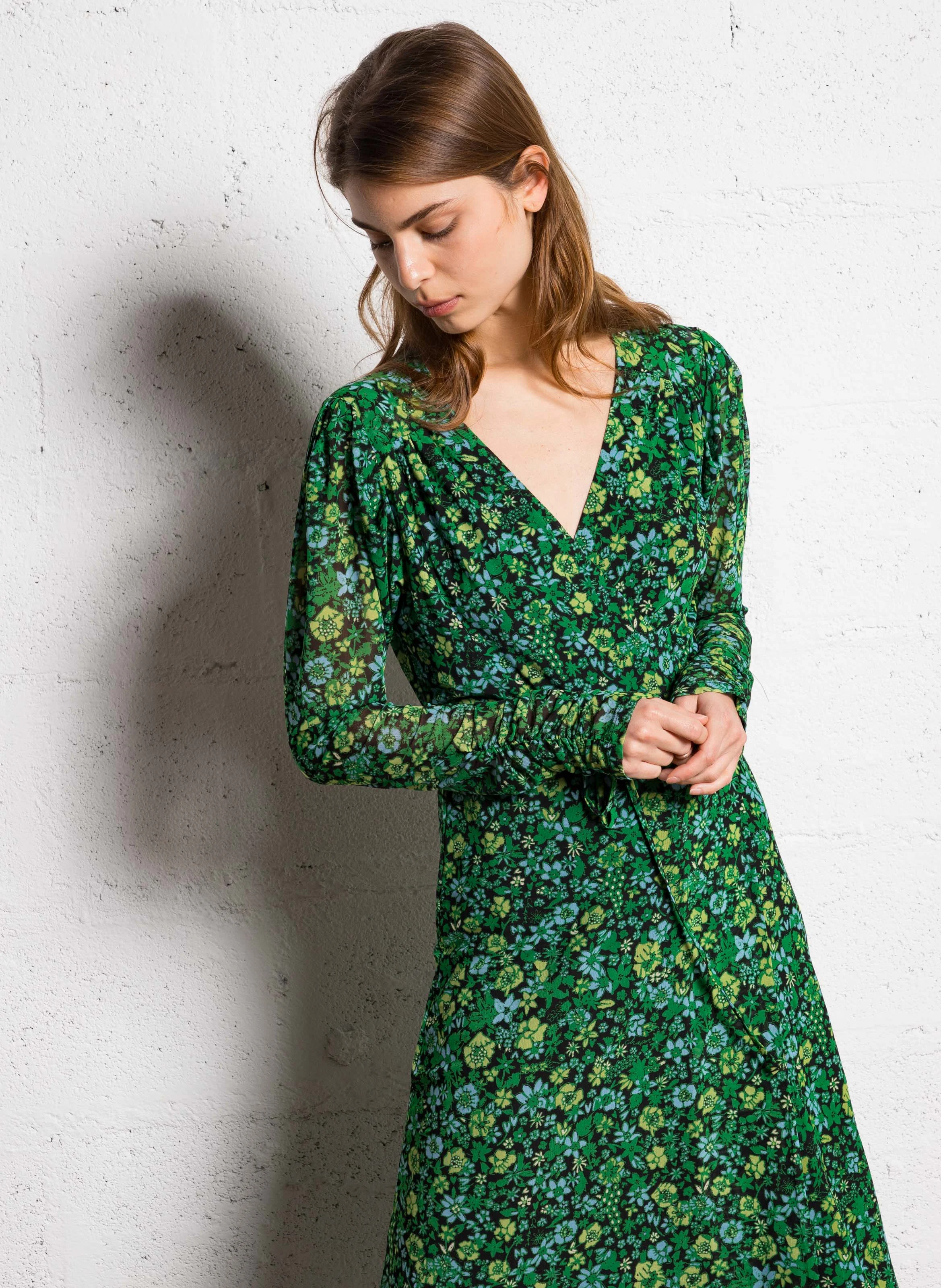 NATALIE - Robe longue imprimée en fibres recyclées mélangées | Vert