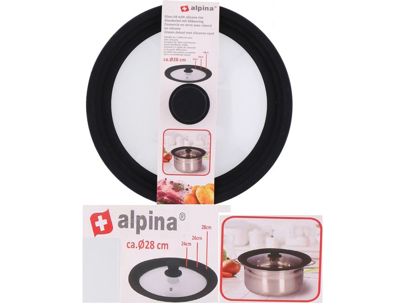 alpina Glasdeckel mit Silikonring 28 cm Glasdeckel mit Silikonrand für Töpfe und Pfannen