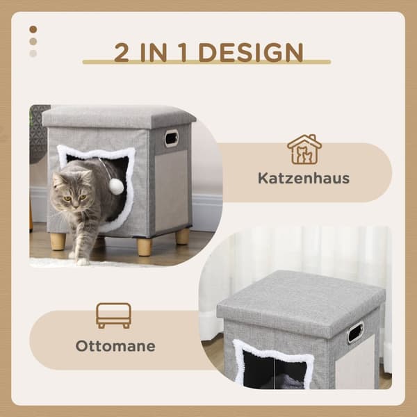 Cat Cave Ottoman Med Pute Og Skrapematte Lekeball Anti-Skli Grå Polyester For Katter