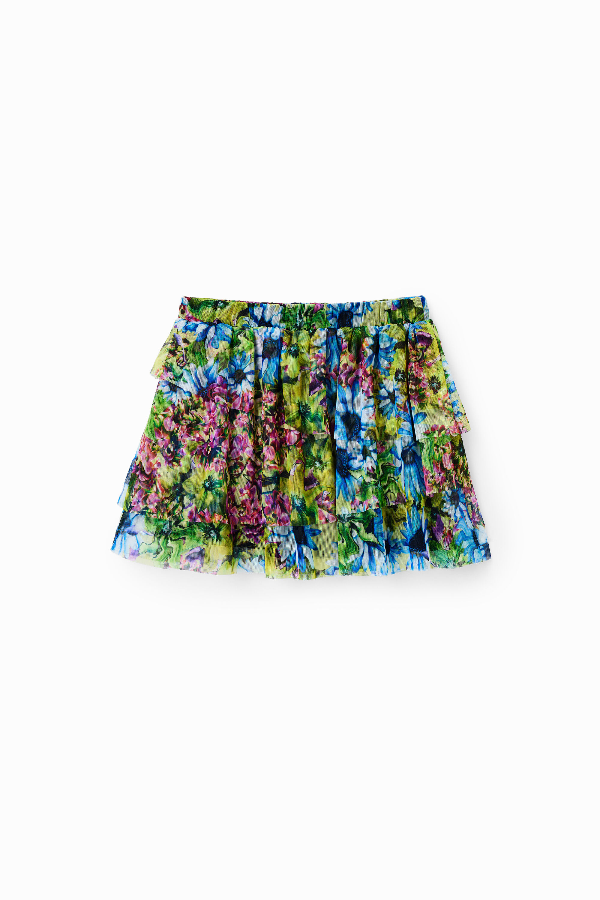 Mini-jupe tulle fleuri volants