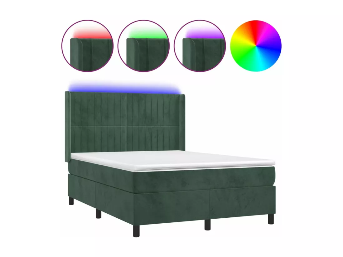 Sommier tapissier matelas et LED Vert foncé 140x200 cm Velours