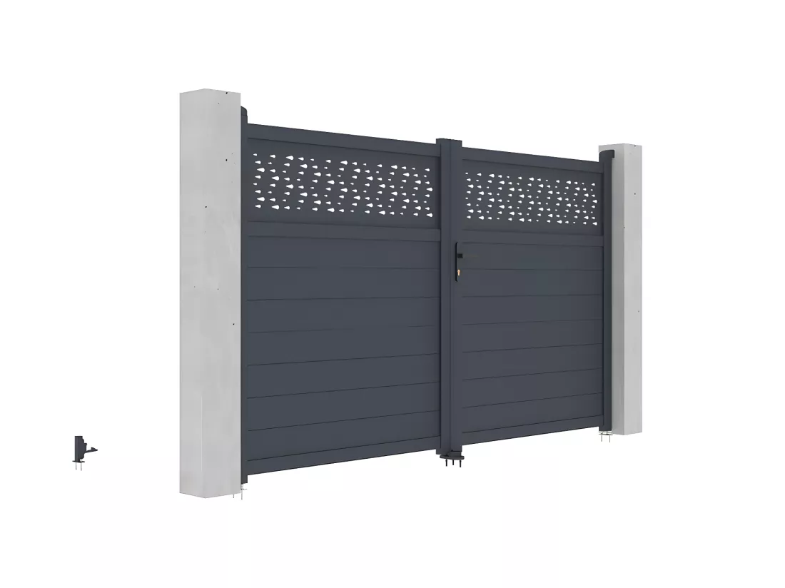 Portail électrique battant aluminium semi plein à motifs L305 x H181 cm anthracite - BAZIO