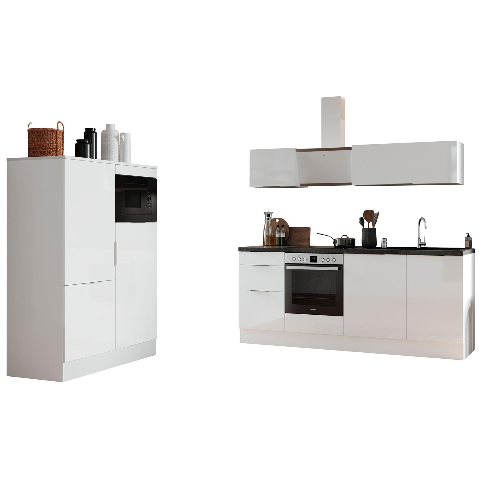 RESPEKTA Küchenblock - weiß Hochglanz - weiß matt - mit E-Geräten - 340 cm