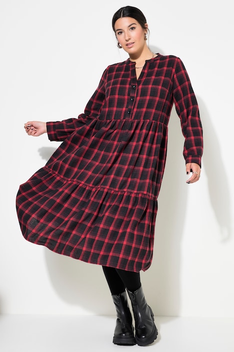Midi-Flanellkleid, Karo, Tunika-Ausschnitt, Langarm