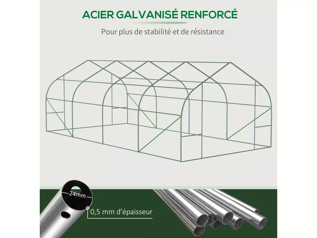 Serre tunnel grande taille 17,85 m² châssis tubulaire acier galvanisé renforcé 2,4 cm 8 fenêtres 1 porte blanc