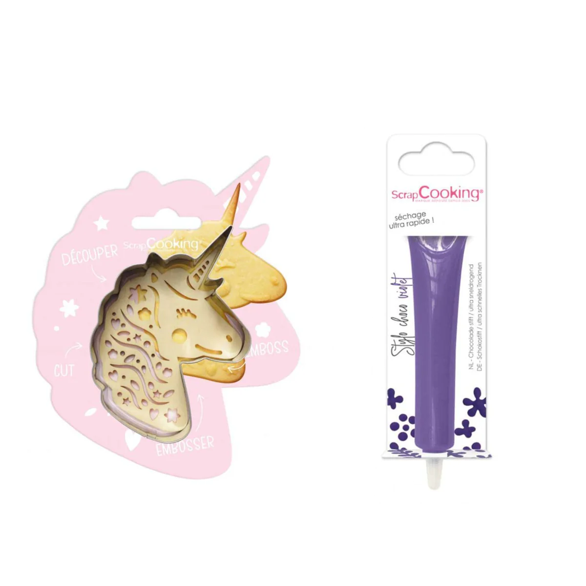 Kit pour biscuit en relief Licorne + Stylo au chocolat violet Scrapcoo