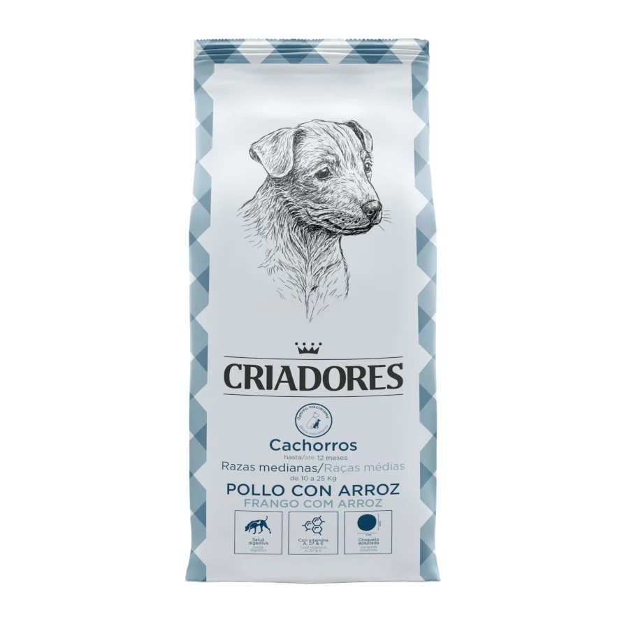 Ração para filhotes de porte médio, sabor frango e arroz, da marca Breeders.