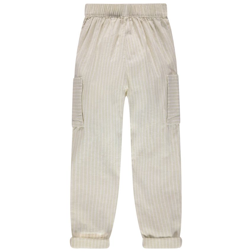 Pantalon cargo en coton et lin à rayures verticales - Ecru