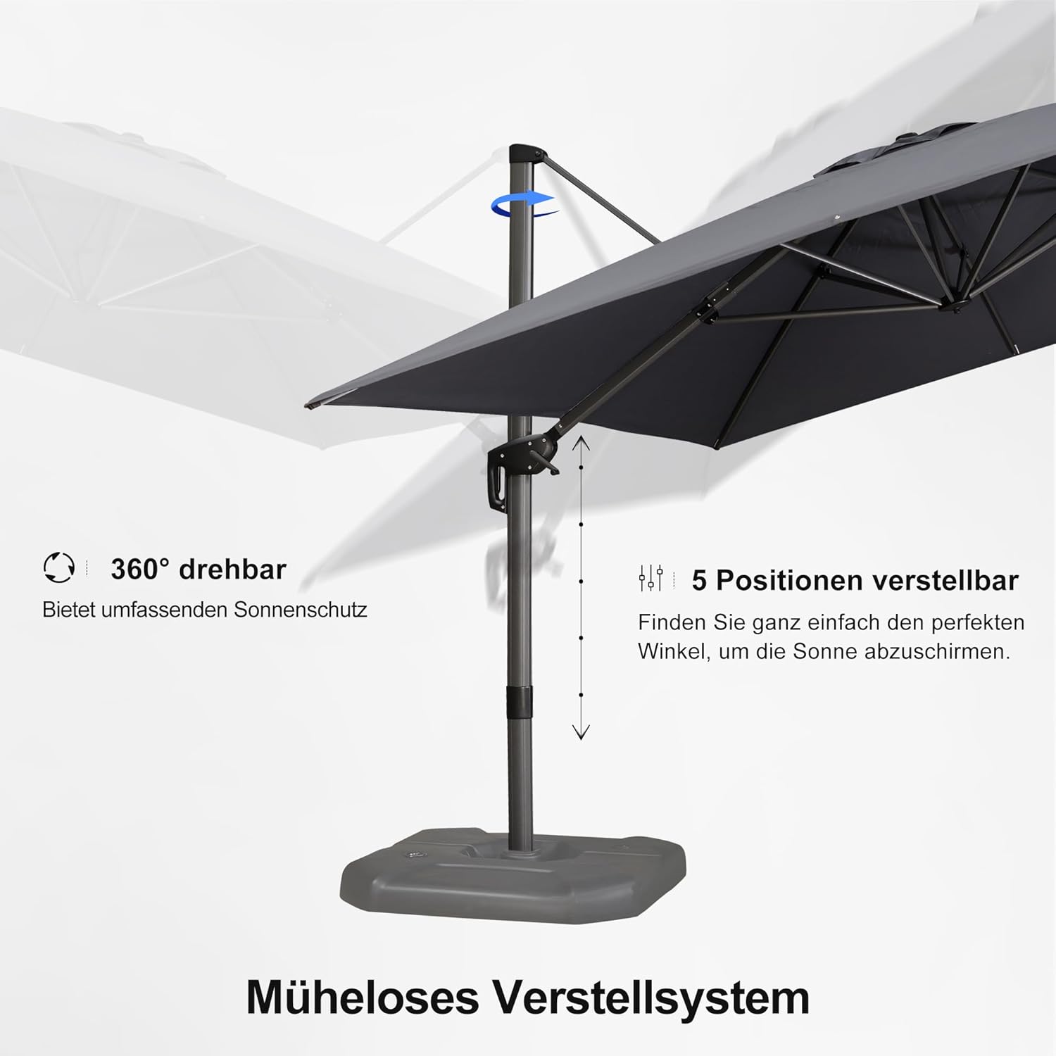 PURPLE LEAF Sonnenschirm groß mit Schirmständer, Aluminium Ampelschirm 400 x 300 cm, 360°Rotation, Terrassenschirm mit Kurbel, UV-beständig, Gartenschirm für Balkon & Terrasse, Grau