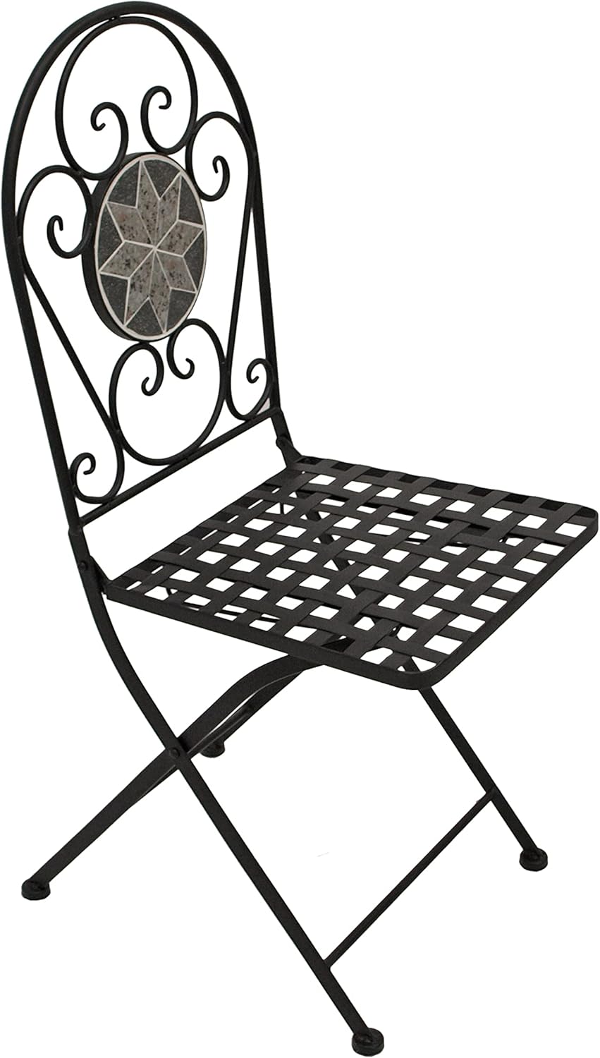 DEGAMO Balkonset Siena 3-teilig, 2X Klappstuhl und 1x Tisch 45x90cm halbrund, Eisen schwarz mit Mosaik Dekor grau/Weiss, mit Polstern grau