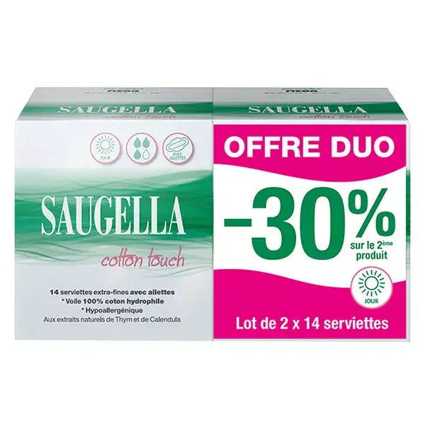 Absorvente higiênico Saugella Cotton Touch Extra Fino com Abas, Pacote Diário com 2 x 14 absorventes