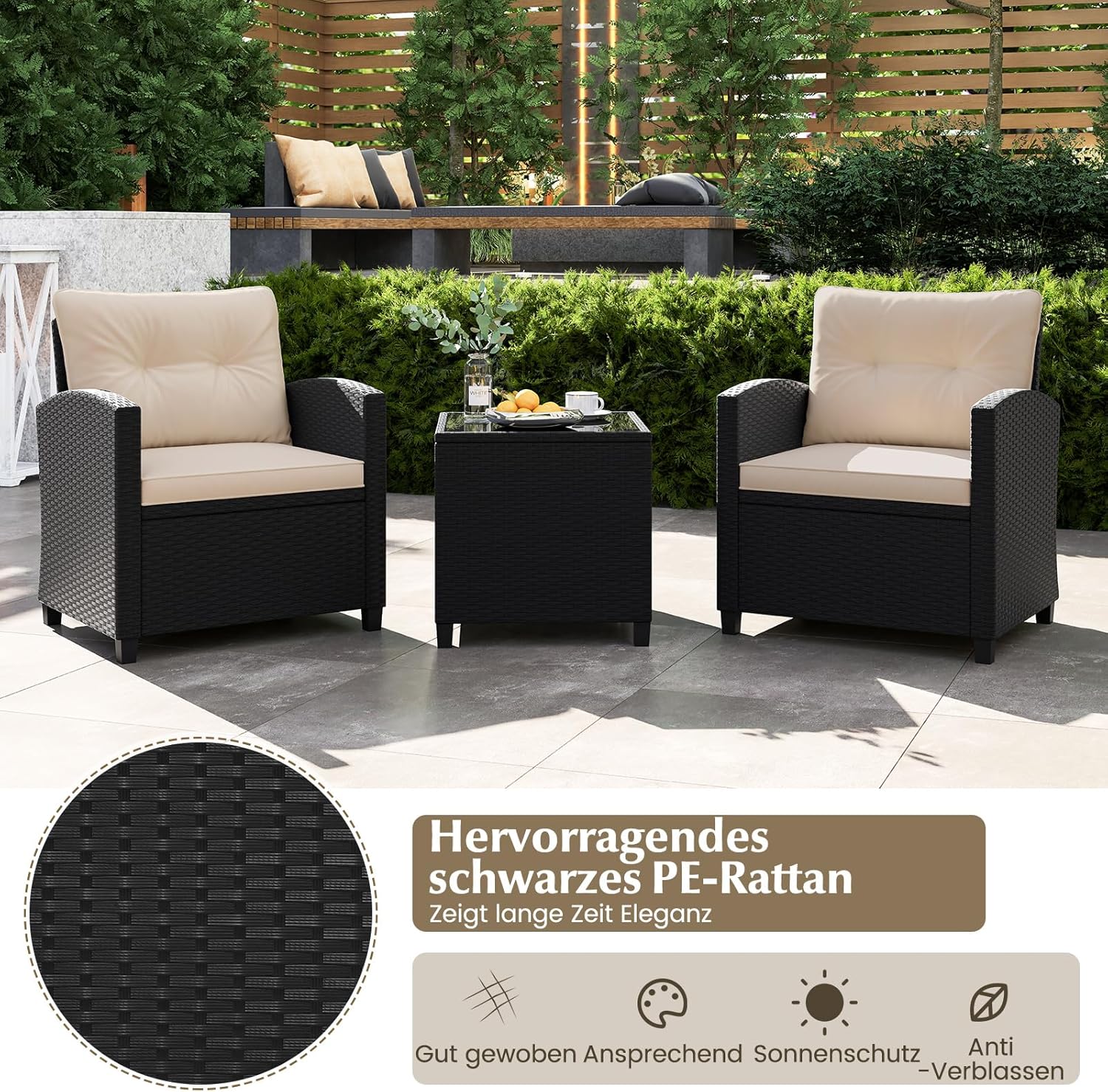 COSTWAY 3-TLG. Rattan Gartenmöbel Set, Balkonmöbel mit Kissen, 2 Stühlen und Tisch, Polyrattan Balkonset, Terrassenmöbel, Gartengarnitur, Sitzgruppe für Terrasse, Balkon, Garten (Beige)