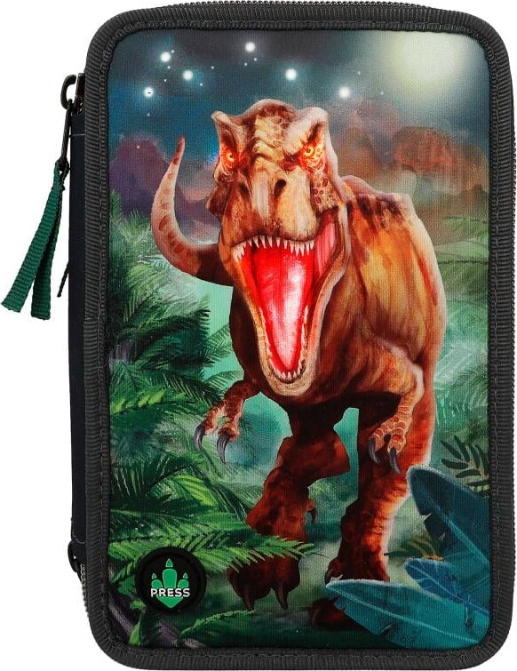 Dino World - Trippel Penalhus Med Led Lys Og Indhold