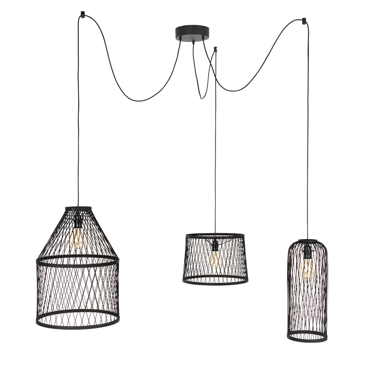 Landelijke buiten hanglamp zwart rotan 3-lichts - Calamus