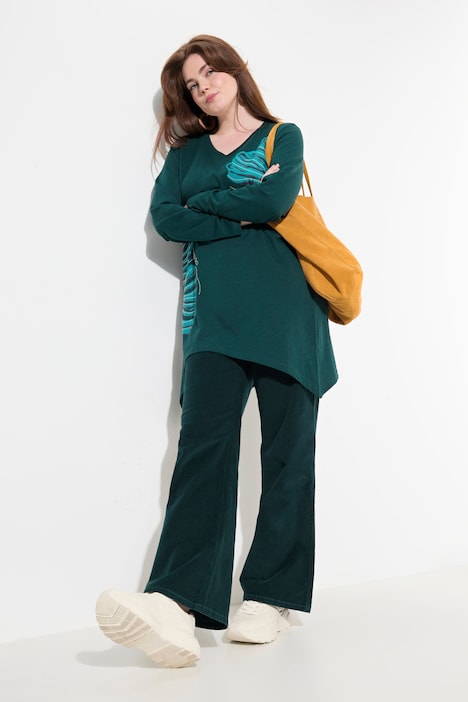 Longshirt, Blätter, V-Ausschnitt, Langarm, Biobaumwolle