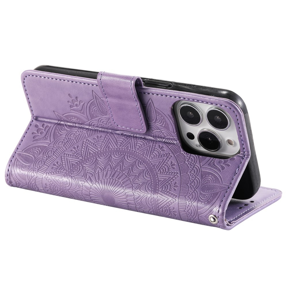 iPhone 15 Pro Max Leder Tasche Wallet - Mandala Flowers Imprint - Lila