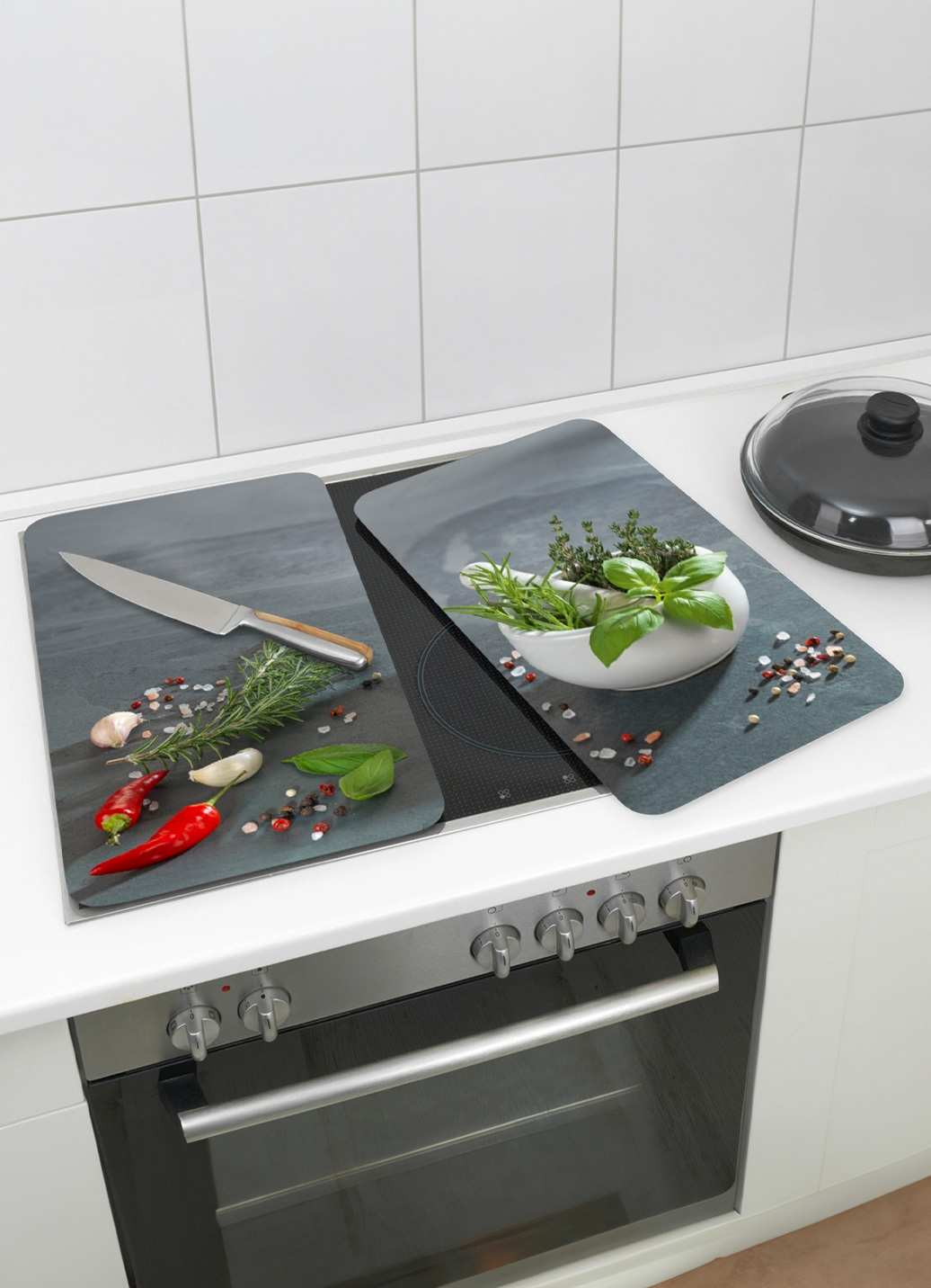 Herdabdeckplatten aus Glas, 2er-Set, Motiv Kräuterküche