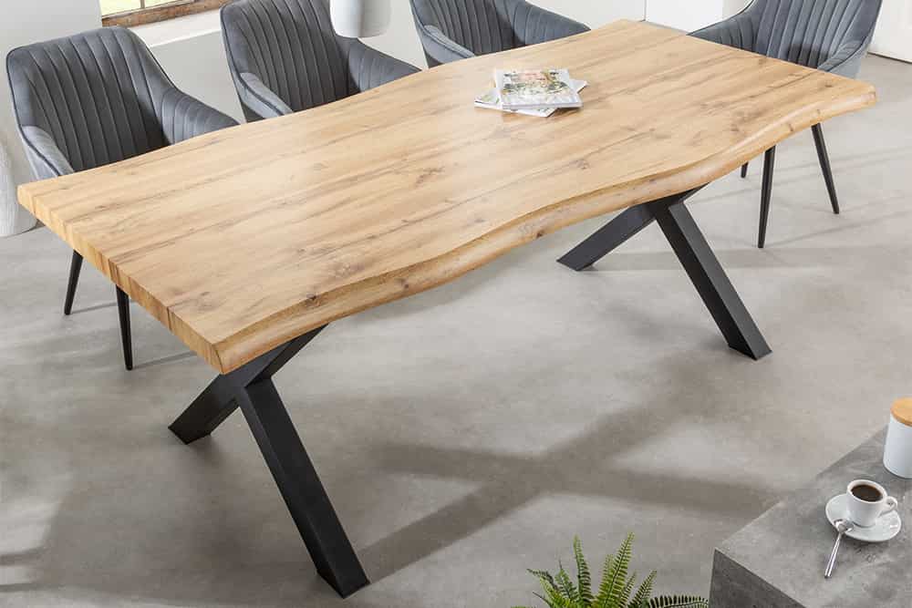 Industrial Esstisch WILD 200cm braun Wildeiche-Design Baumkante schwarz X-Gestell