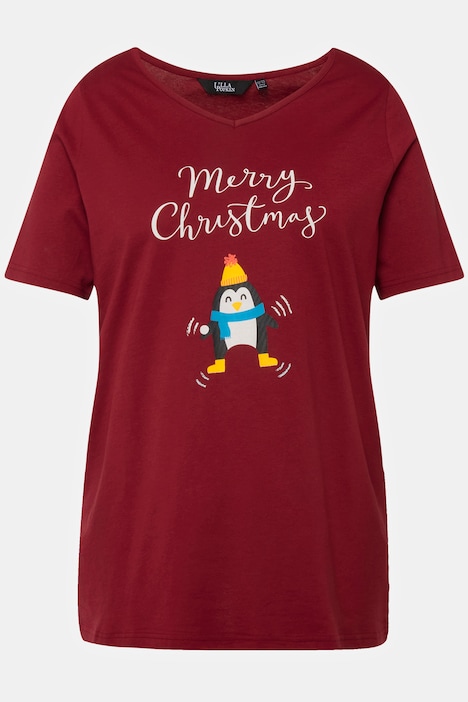 Weihnachts-Shirt, Pinguin, A-Linie, V-Ausschnitt, Halbarm