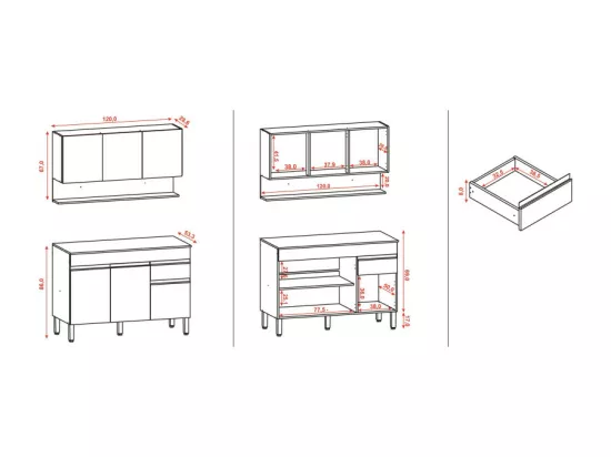 Cuisine Equipée 6 Portes 1 Tiroir Chêne et Gris L 120 H 200 P 53.3 cm