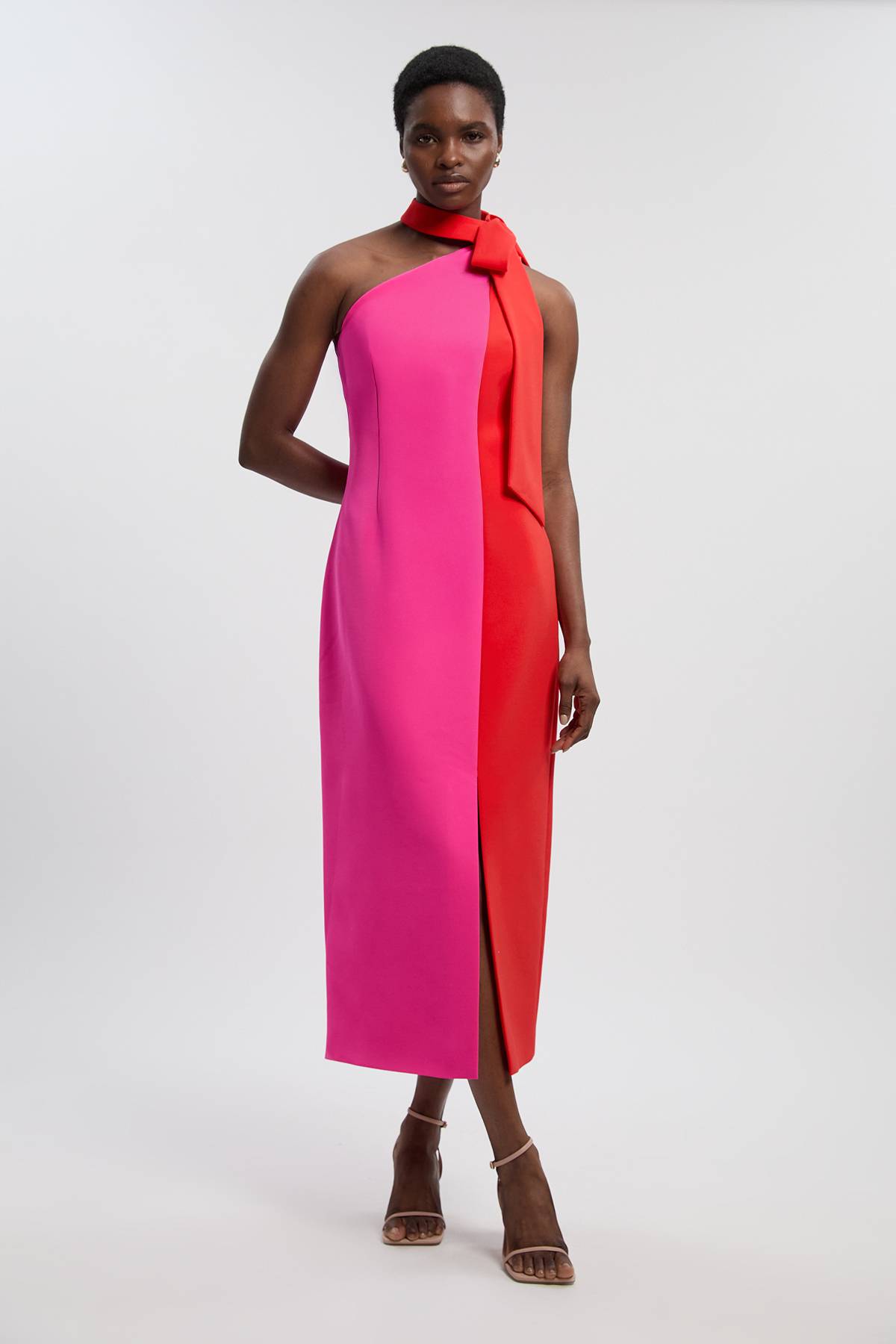 KarenMillen Robe Midi Ajustée Douce à Blocs de Couleur avec Nœud