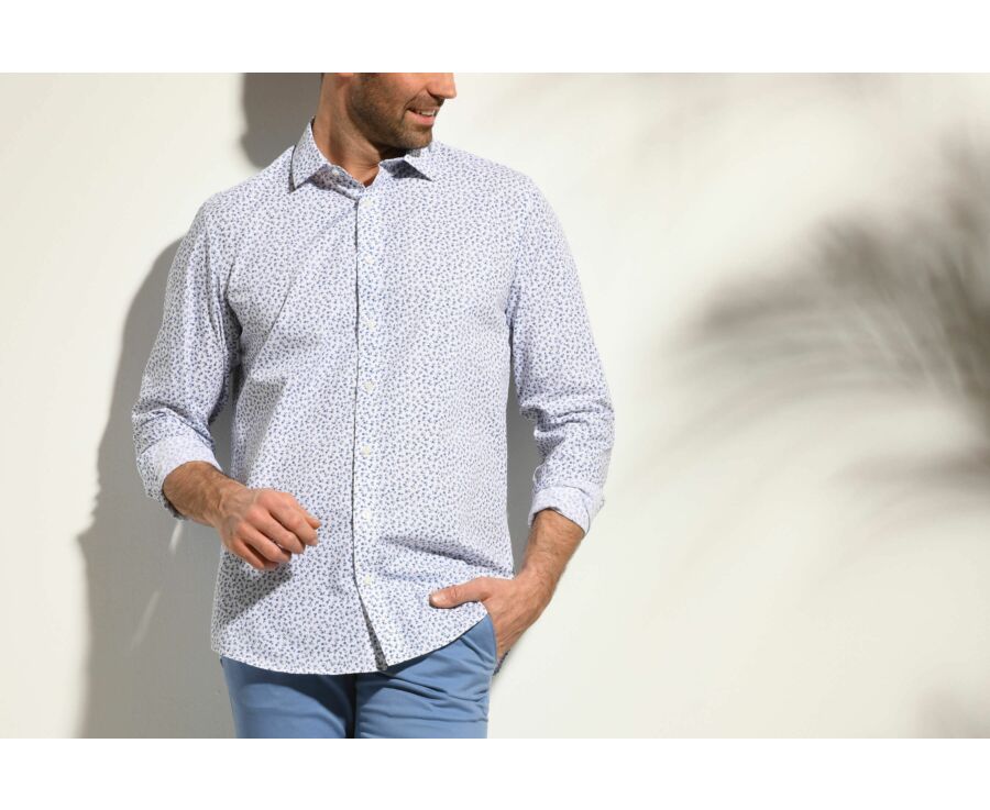 Chemise blanche imprimée fleurs bleues - Col français - MATHURIN