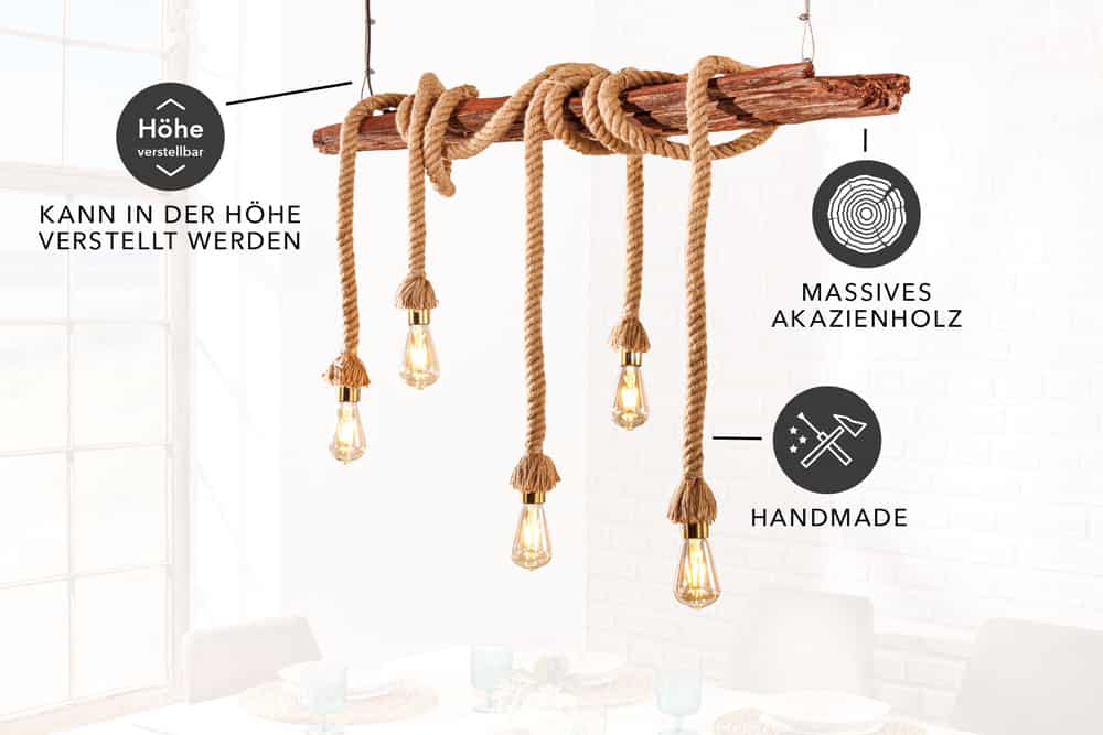 Maritime Hängeleuchte SEVEN SEAS 110cm Massivholz Seil Deckenlampe 5 Leuchten