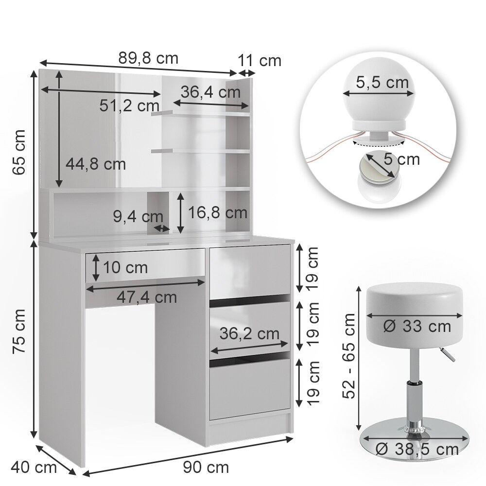 Vicco Schminktisch Sherry Weiß Hochglanz 90 x 75 cm Spiegel LED & Hocker Regal