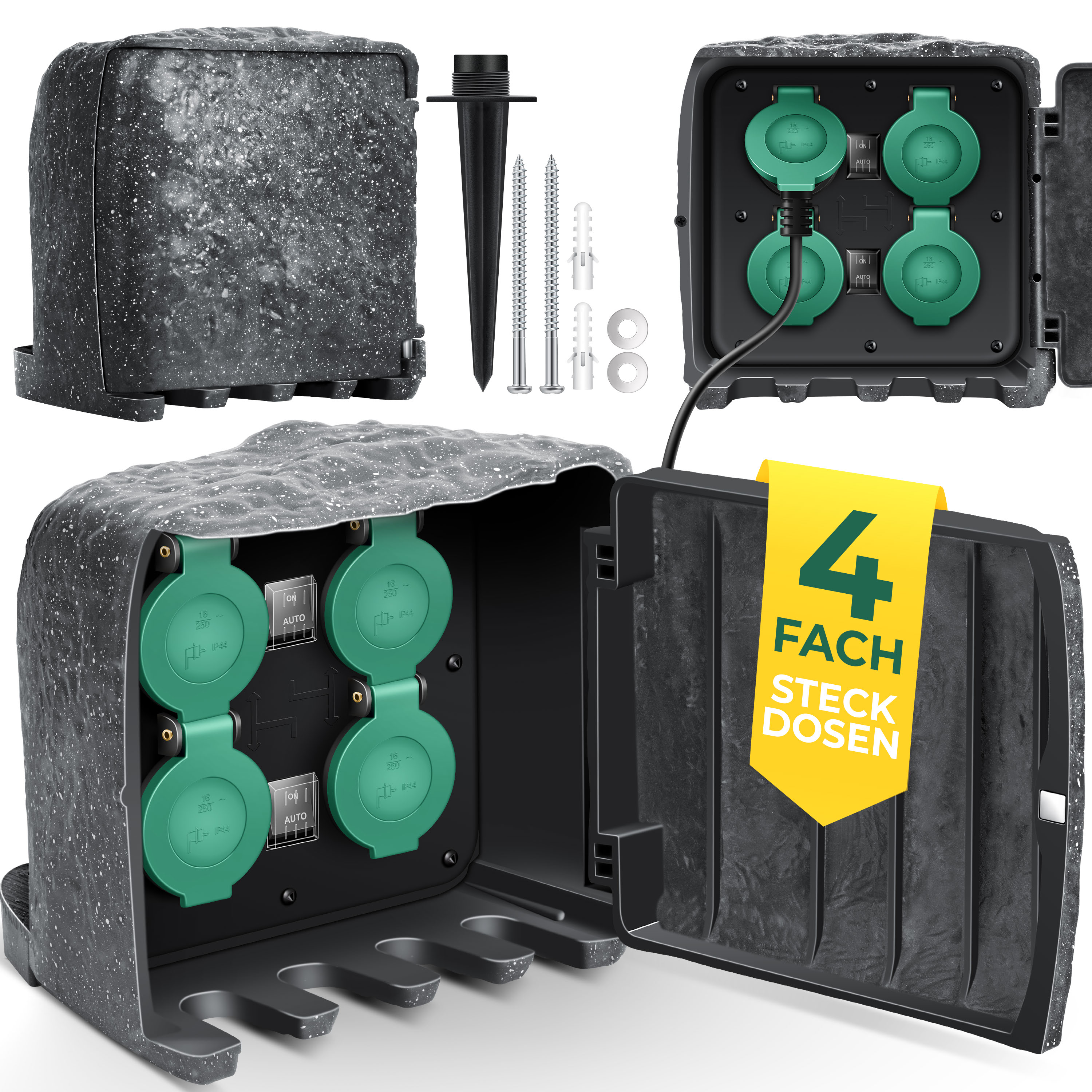 KESSER® Gartensteckdose Steinoptik mit 4 Steckplätzen Inkl.Erdspieß, Mehrfachsteckdosen aussen mit 3m Verlängerungskabel Außensteckdose IP44 Wasserdicht Steinsteckdose mit ON/Auto Dämmerungssensor