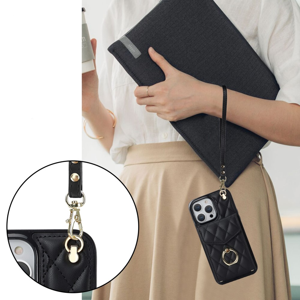 iPhone 15 Pro Necklace Leder Hülle mit Kartenfächer   Finger Griff Halterung   Handykette (RFID Schutz) - Schwarz