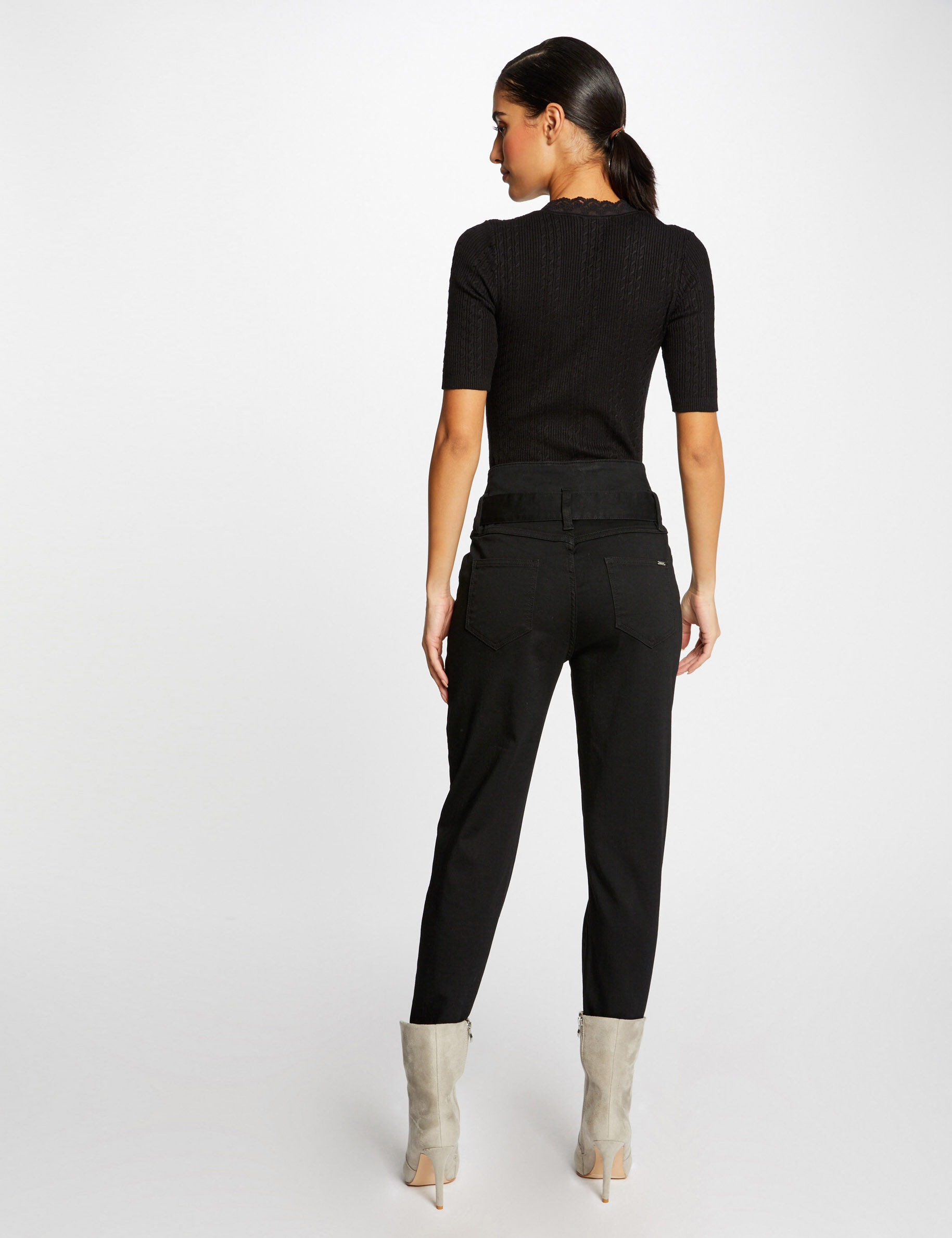 Pull manches courtes avec col en V noir femme - noir