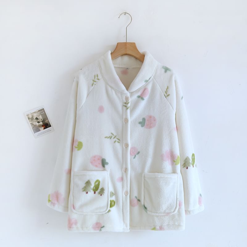 Dogini - Fleece pyjamatop met lange mouwen, opstaande kraag, patroon en knoopjes