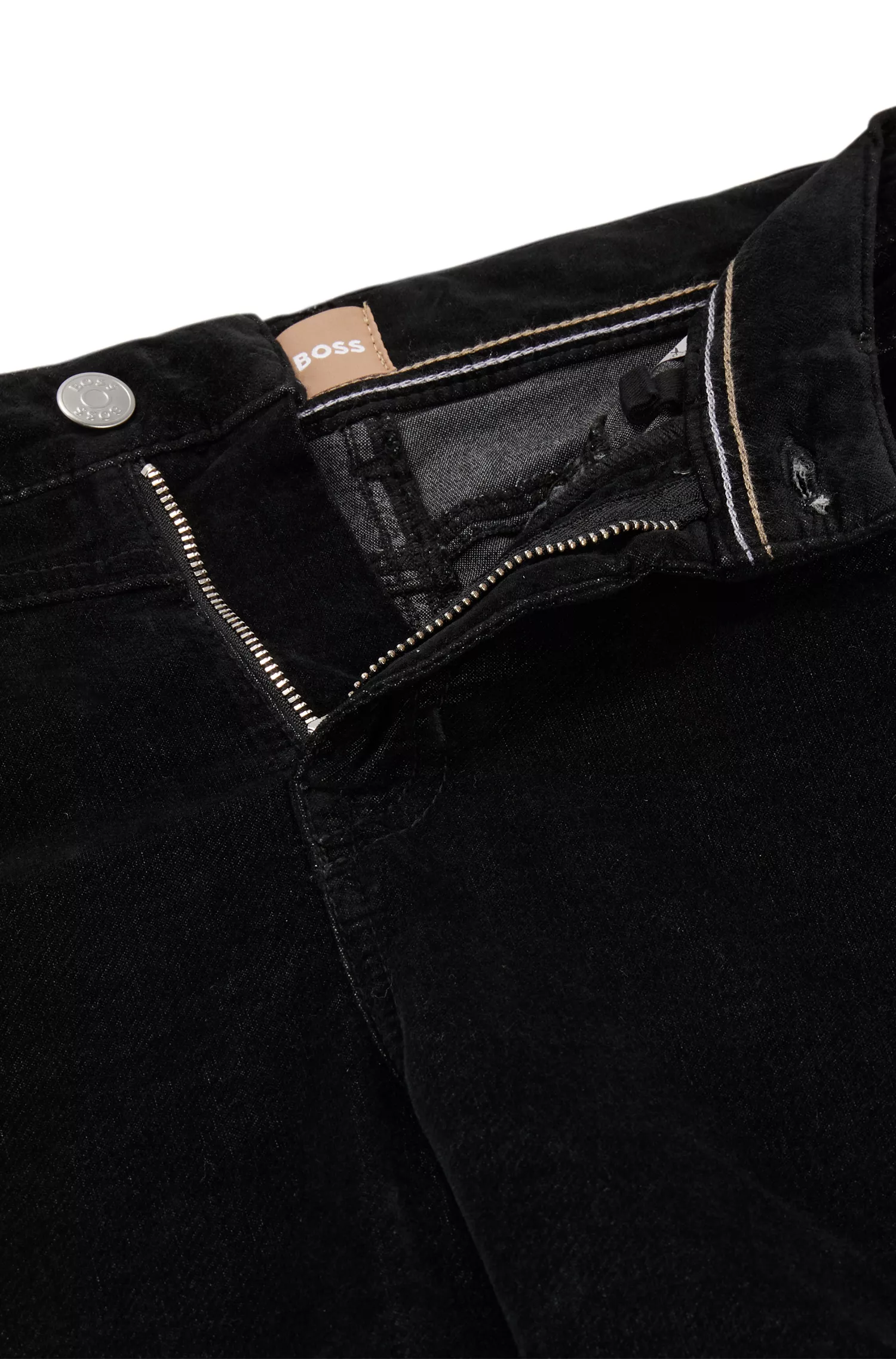 Calça jeans BOSS preta, corte regular, em veludo de mistura de algodão.
