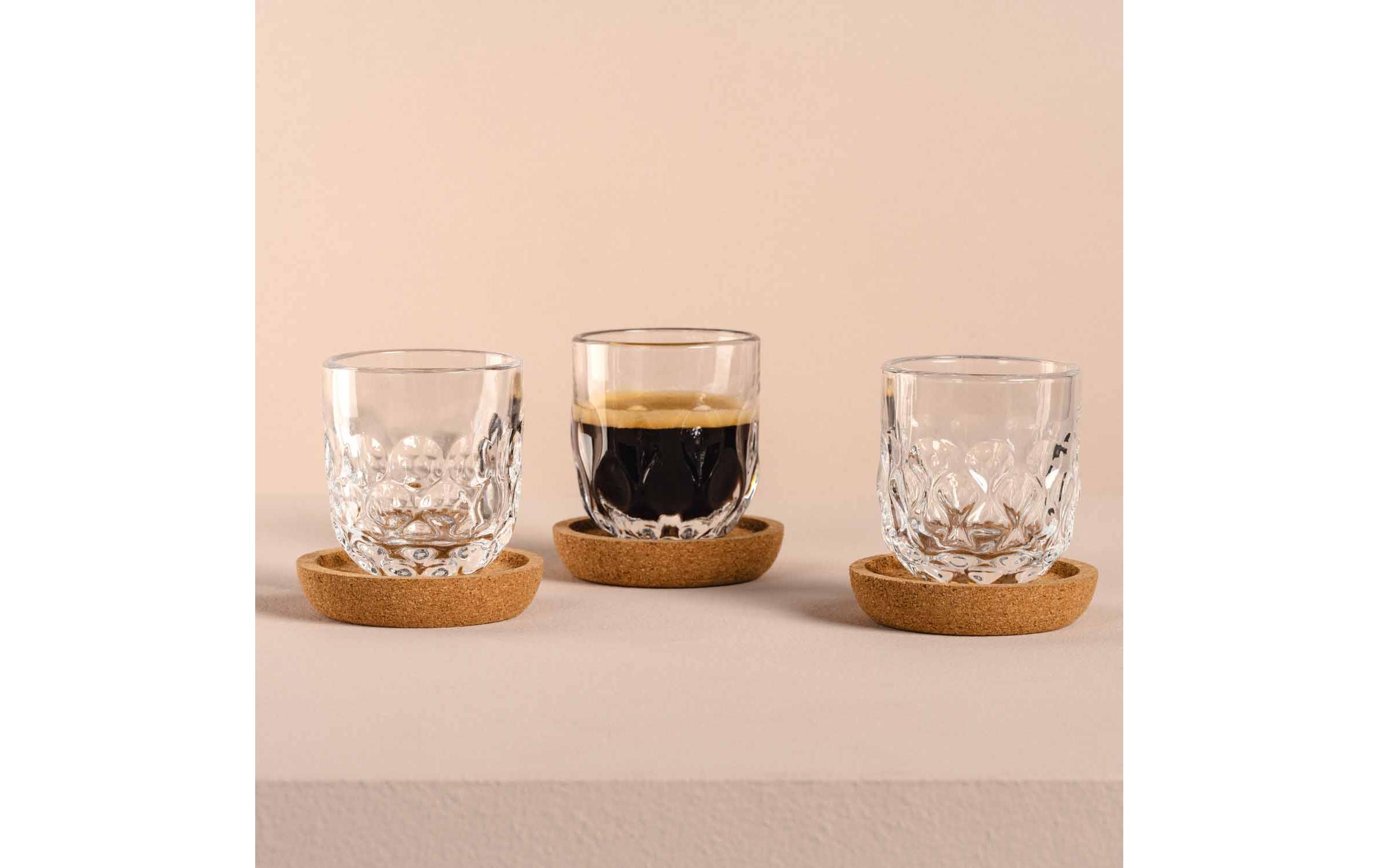 Cappuccino Becher Gocce mit Untersetzer 60 ml, TransparentCappuccino-/Kaffeetasse für Heissgetränke 6-teilig