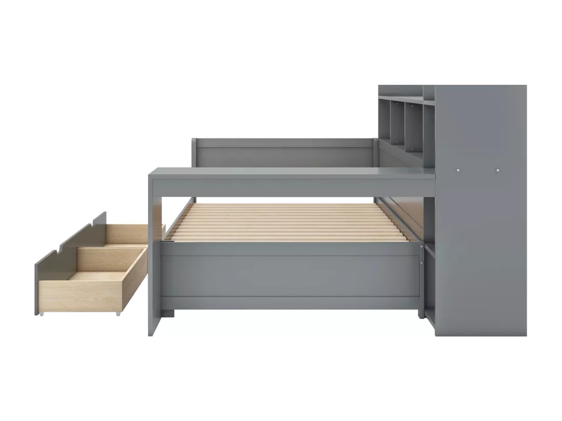 Lit banquette 90x200cm - bureau avec prise USB - 2 tiroirs & étagères - Gris (matelas non inclus)
