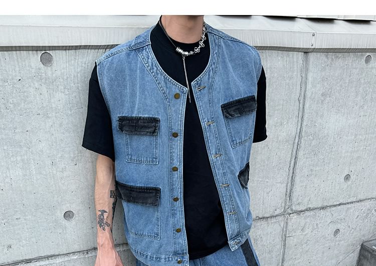 Naideth - Hoge taille, tweekleurige wijde pijpen jeans / vest met knoopjes / set