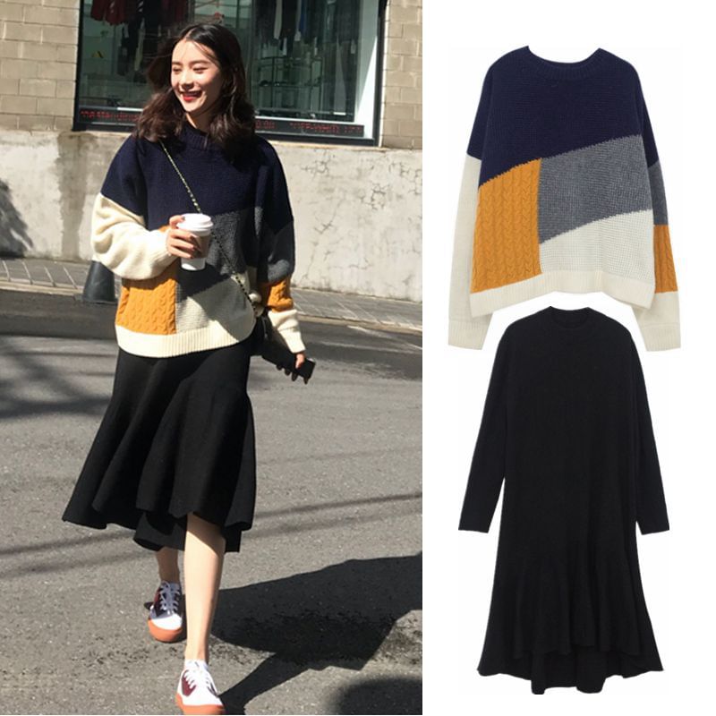 Meatacci - Set: V-hals effen geribbelde trui + mouwloze mockneck effen gebreide midi-jurk