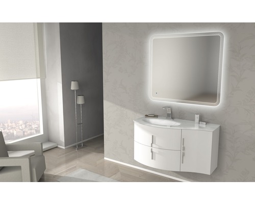 Badkamermeubelset Baden Haus Sting BxHxD 104 x 146,5 x 52 cm, frontkleur wit hoogglans, met witte glazen wastafel en badmeubel met spiegel