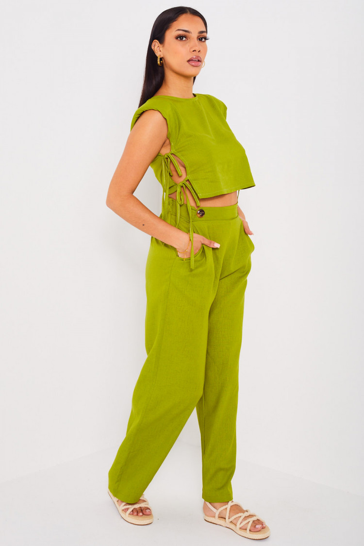 Ensemble 2 pièces crop top + pantalon vert en lin