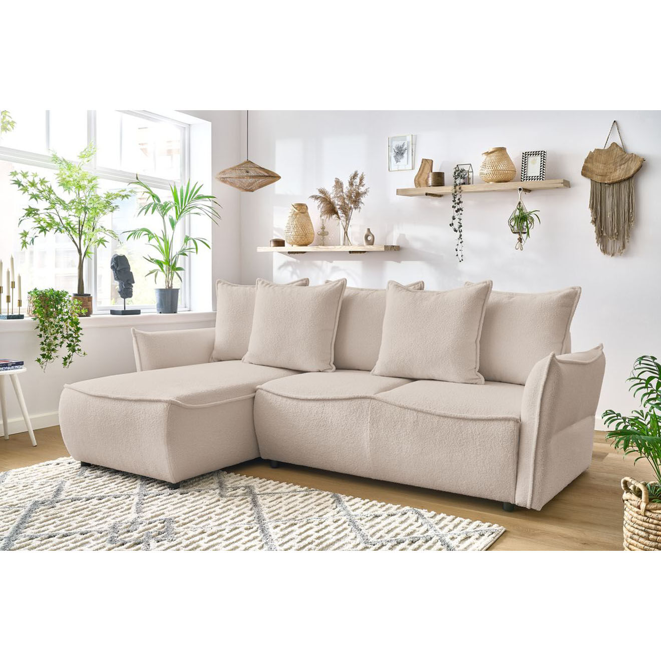 Bobochic Canapé d'angle gauche convertible bouclette Léon beige - 242x158x90 cm