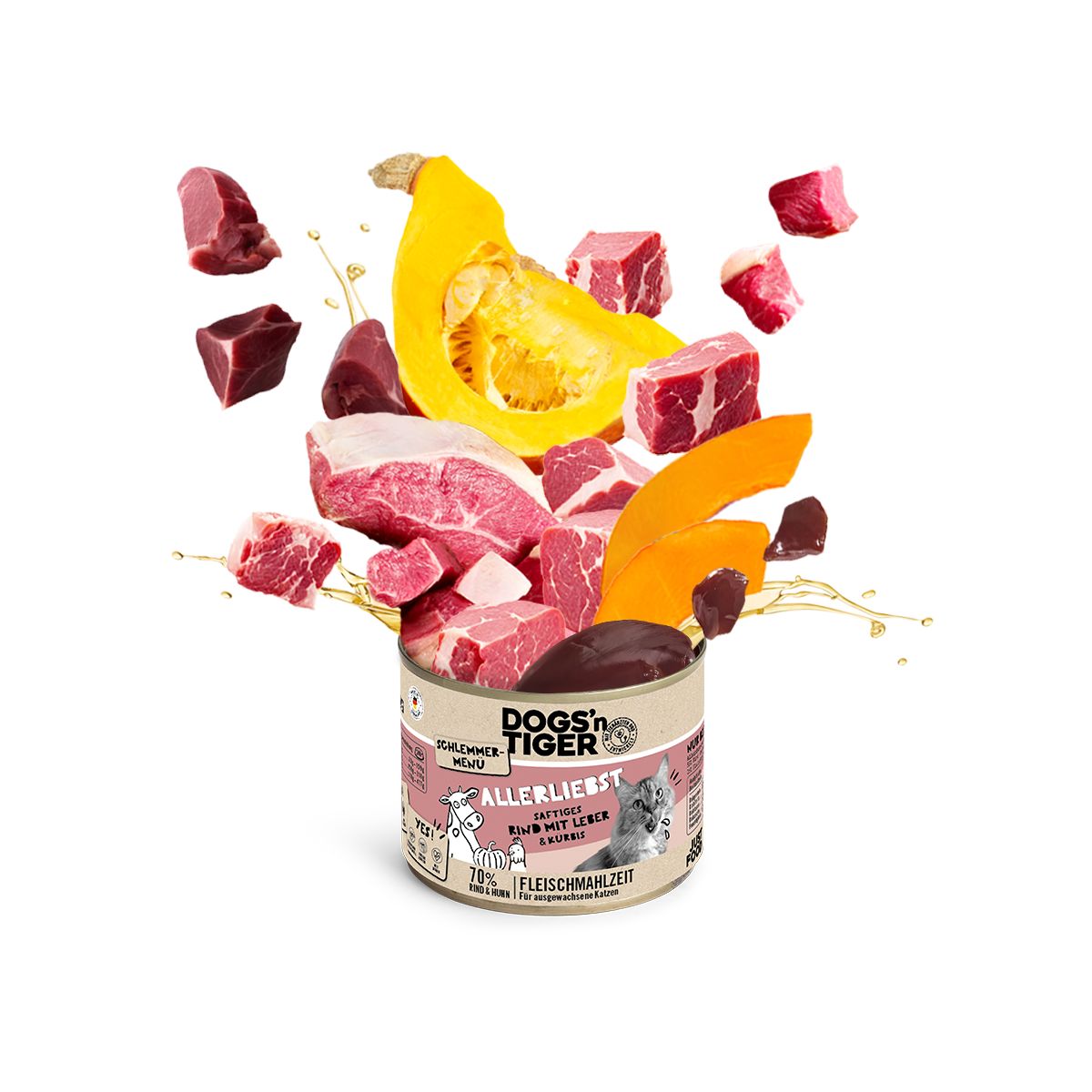 Dogs’n Tiger Adult Katzenfutter, Allerliebst, Nassfutter, Getreidefrei, Rind, Hühnerleber & Kürbis