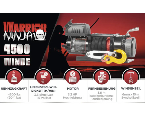 Warrior NINJA 4500LB 2t / 12V elektrische lier met synthetisch touw