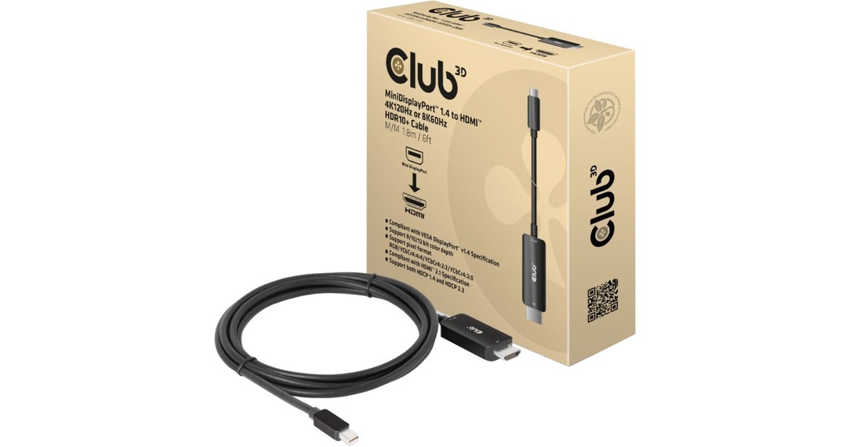 Club 3Dmini DisplayPort 1.4 naar HDMI kabel  (Zwart, 1,8 meter)
