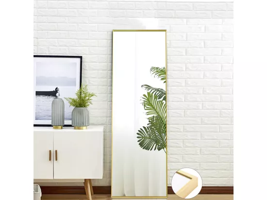 Miroir pleine longueur 150 x 40 cm, sur pied, suspendu ou appuyé, grand miroir de sol avec cadre en alliage d'aluminium doré pour salon ou chambre à coucher, rectangulaire