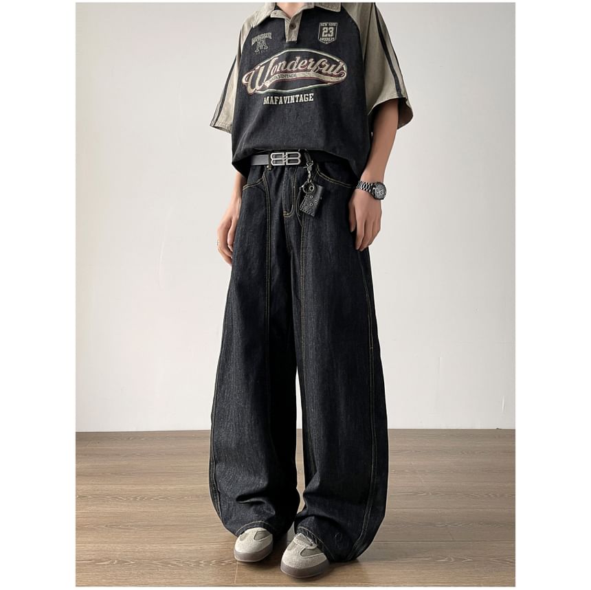 Filmas - Mid Rise Contrast Stitched Washed Wide Leg Jeans