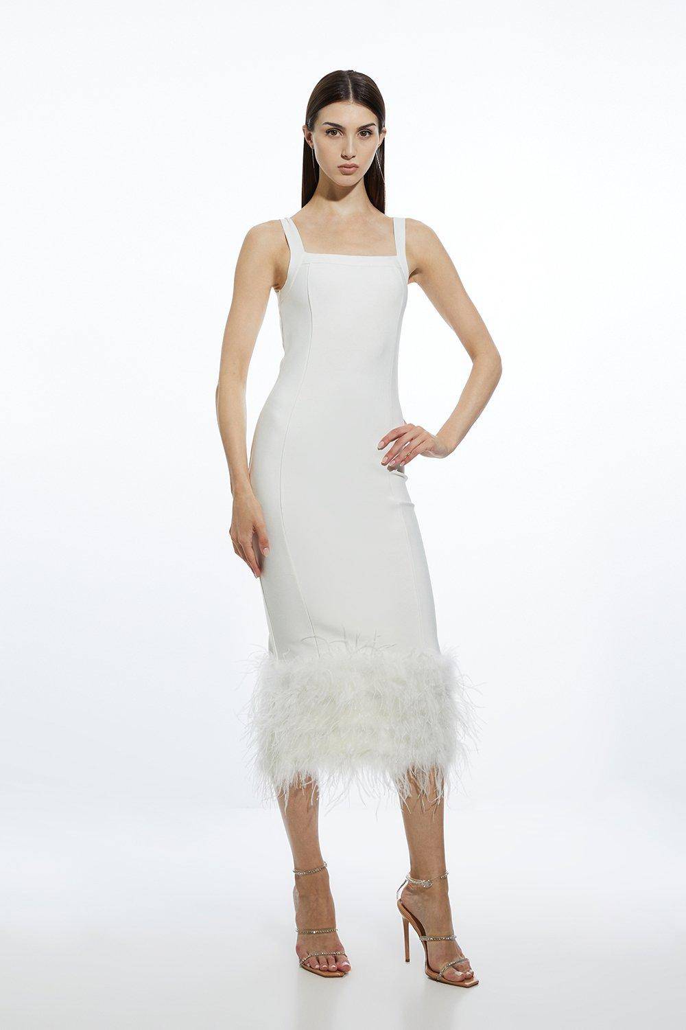 KarenMillen Robe Mi-Longue Moulante en Maille avec Ourlet à Plumes