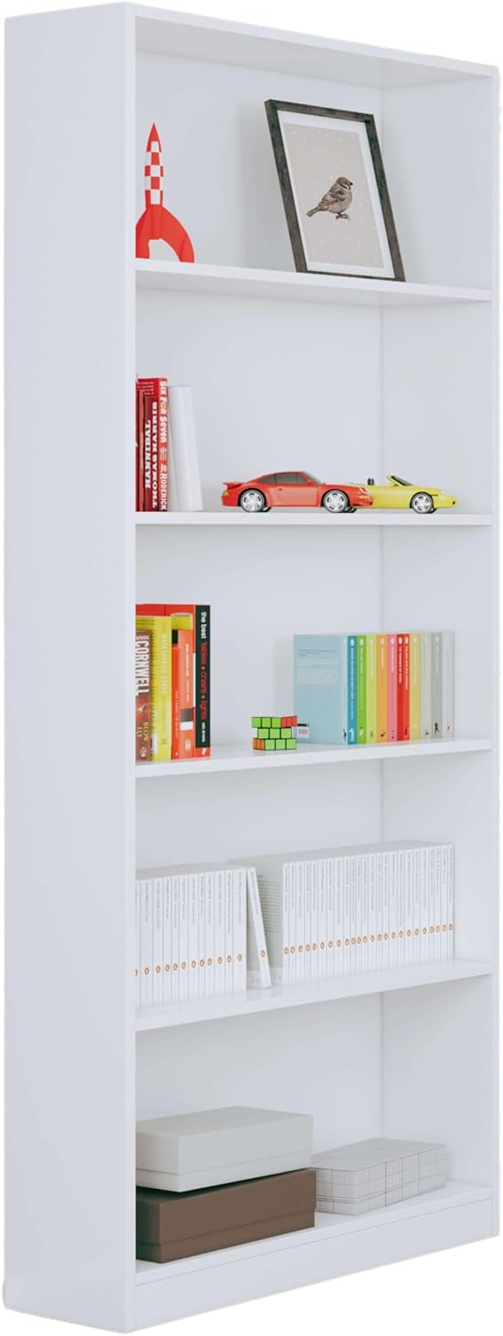 Habitdesign, Bücherregal – hohes Regal mit 5 offenen Regalböden in Artik weiß, ideal für Büro, Wohnzimmer oder Arbeitszimmer, Maße: 80 x 201 x 28 cm (B x H x T), Modell Estil
